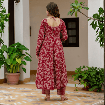 Buy Floral Printed Empire Anarkali Aari Work Kurta with Trousers & Dupatta