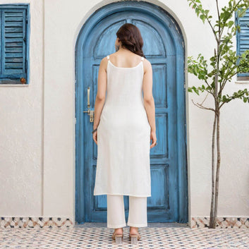 Floral Brush Painted Shoulder Strap Cotton Kurta with Pyjamas & Dupatta