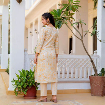 Floral Printed Regular Aari Work Cotton Kurta with Palazzos & Dupatta