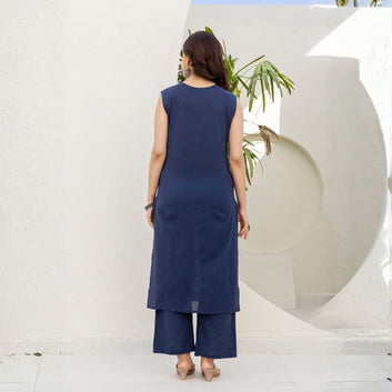 Buy Blue & White Embroidered Cotton Kurta Set with Trousers & Dupatta