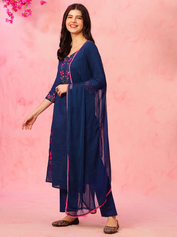 Buy Blue & White Embroidered Cotton Kurta Set with Trousers & Dupatta