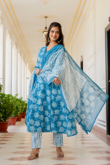 Blue Floral Embroidered Thread Work Pure Cotton A-Line Kurta Set with Pyjamas & Dupatta