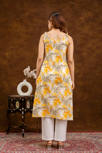 Yellow & White Floral Printed Cotton Straight Sleeveless Kurta – Viral Crafts®(VC-198)