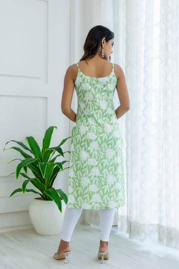 Green Floral Printed Cotton Straight Sleeveless Knee-Length Kurta