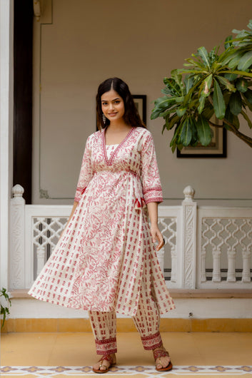White Floral Printed Pure Cotton Anarkali Kurta Set with Trousers & Cotton Dupatta – Viral Crafts®(VC-531)