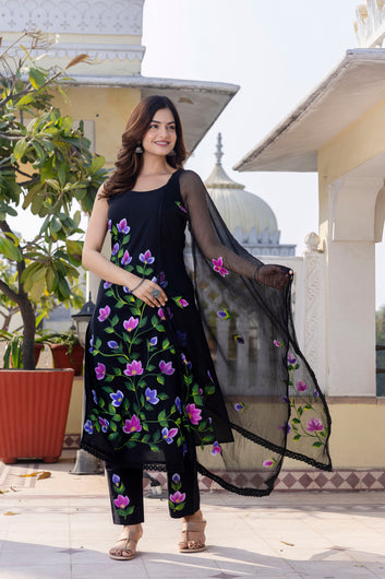 Black Floral Printed Pure Cotton Straight Sleeveless Kurta Set with Trousers & Silk Chiffon Dupatta