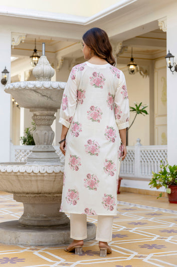 White Floral Printed Pure Cotton Anarkali Kurta Set with Trousers & Cotton Dupatta – Viral Crafts®(VC-186)