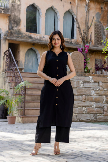 Black Solid Pure Cotton Straight Sleeveless Kurta Set with Trousers & Printed Dupatta