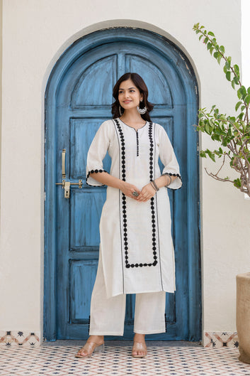 White & Black Floral Embroidered Pure Cotton Straight Kurta Set with Palazzo & Silk Georgette Dupatta