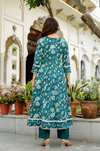 Buy Blue & White Embroidered Cotton Kurta Set with Trousers & Dupatta