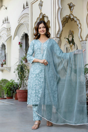 Blue & White Floral Printed Pure Cotton Straight Kurta Set with Trousers & Silk Georgette Dupatta – Viral Crafts® (VC-166)