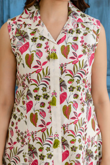 Off White Floral Printed Pure Cotton A-Line Sleeveless Kurta with Trousers – Viral Crafts®(VC-336)