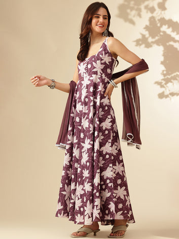 Brown & White Floral Printed Pure Cotton Square Neck Sleeveless Anarkali Kurta with Dupatta