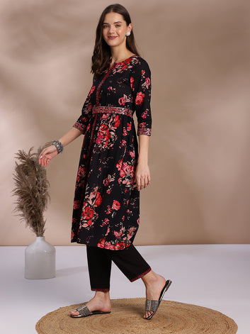 Black Red & Pink Floral Printed Pure Cotton A-Line Kurta Set with Trousers