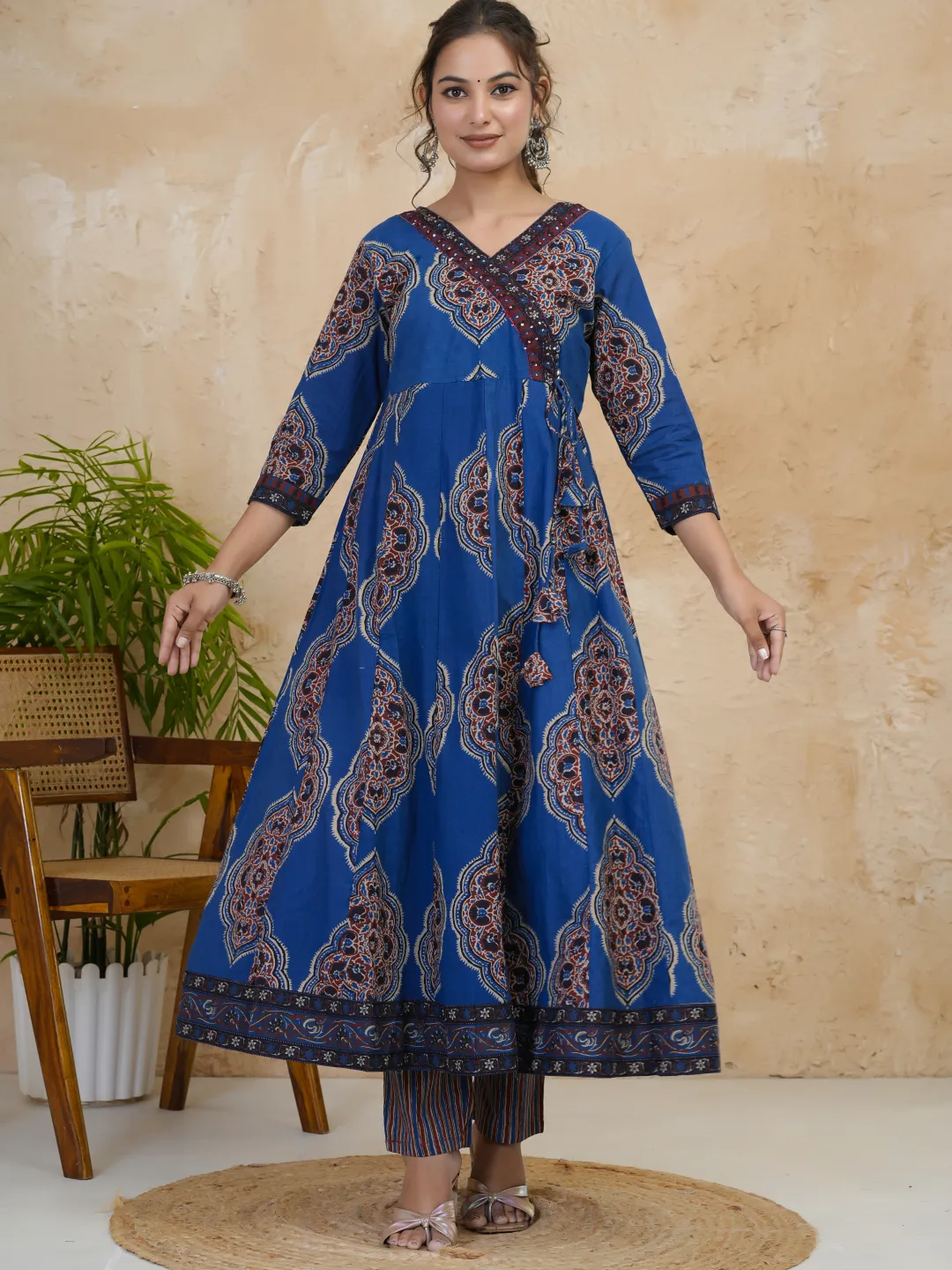Blue Floral Cotton Anarkali Suit