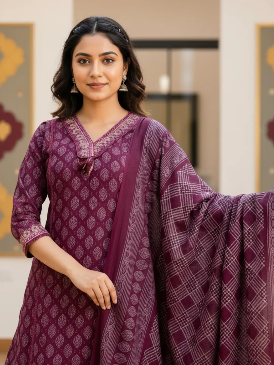 Purple Pure Cotton Geometric Straight Suit with Dupatta and Pant