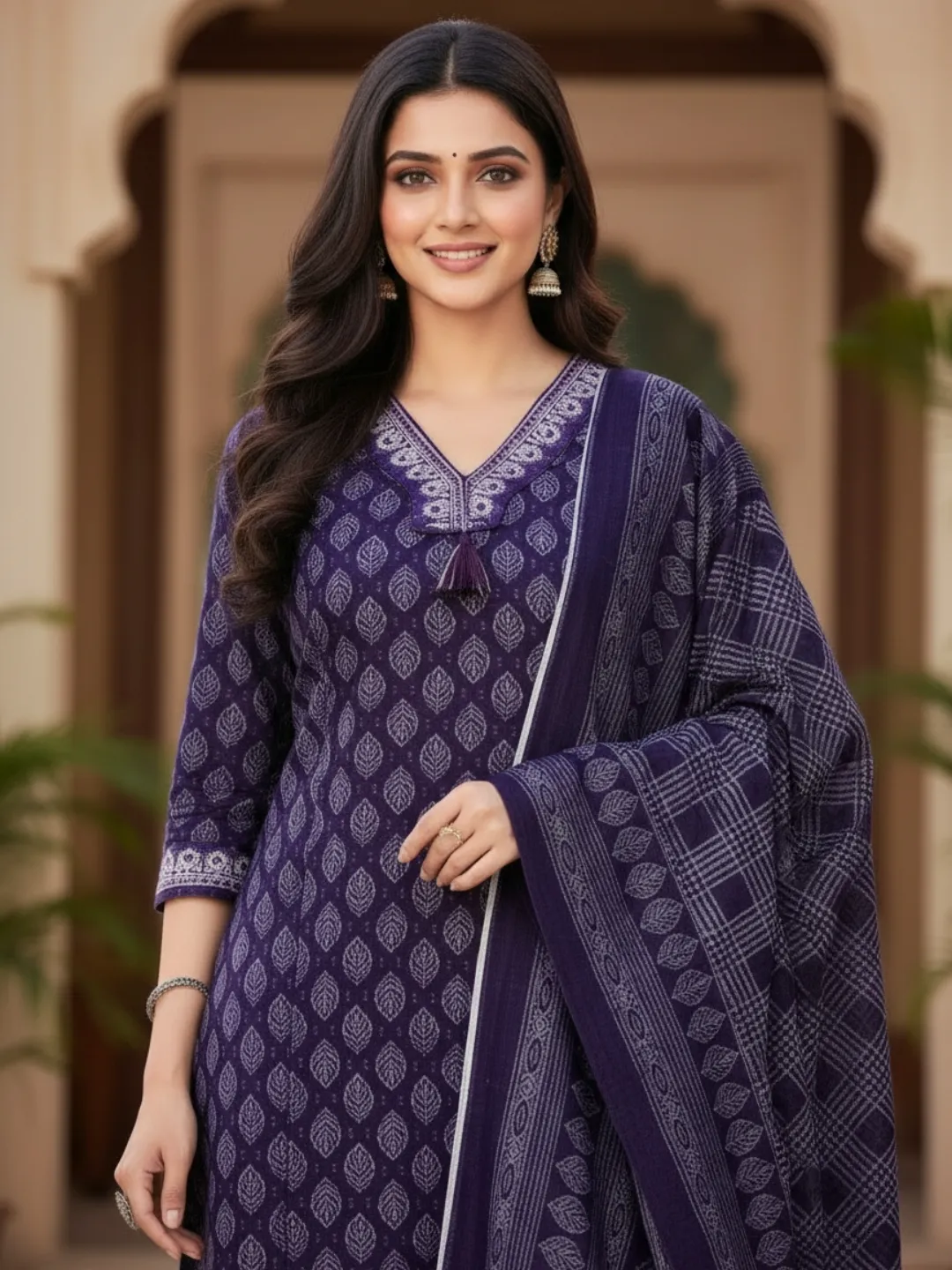 Indigo Pure Cotton Geometric Straight Suit with Dupatta and Pant