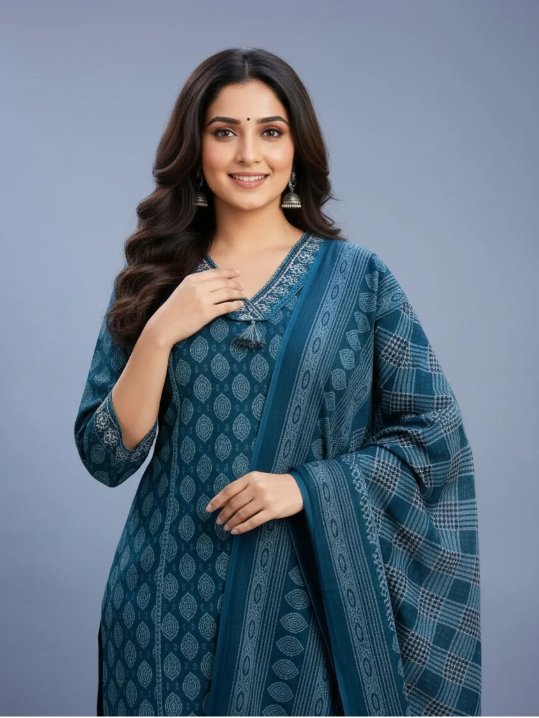 Teal Pure Cotton Geometric Straight Suit with Dupatta and Pant