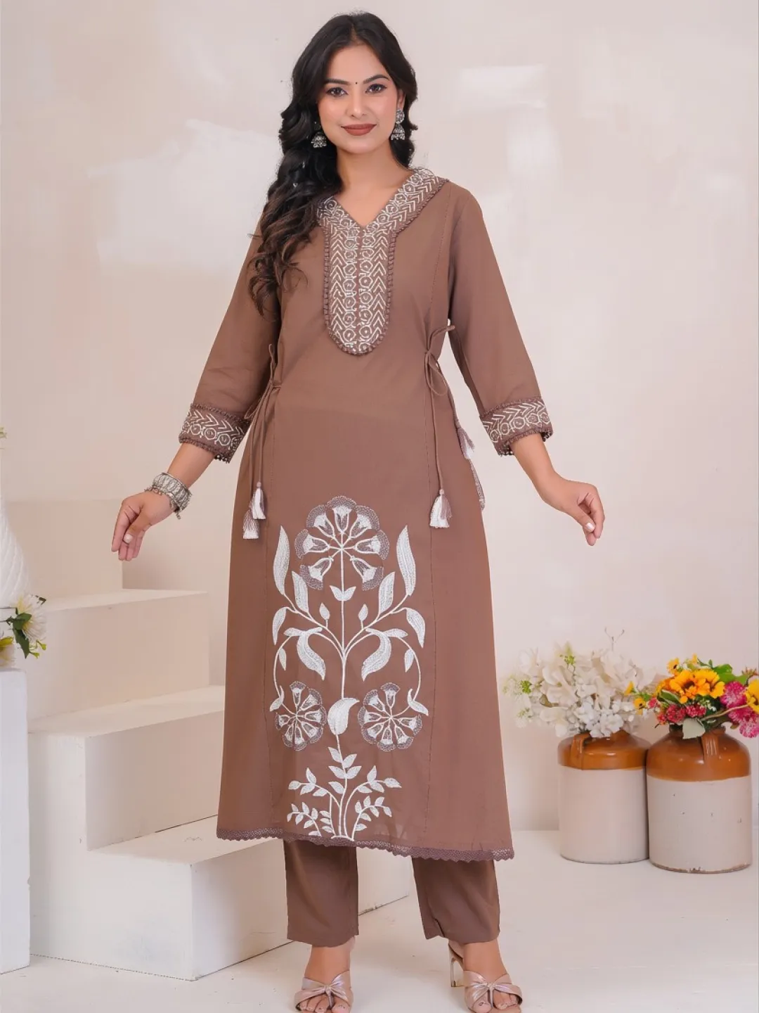 Taupe Cotton Embroidered Kurta Set