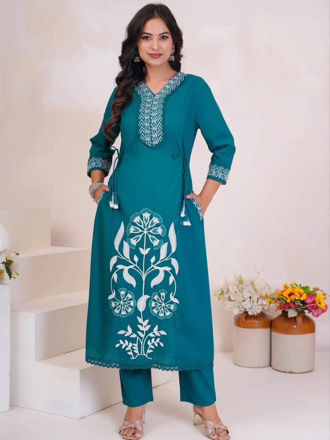 Teal Cotton Embroidered Kurta Set