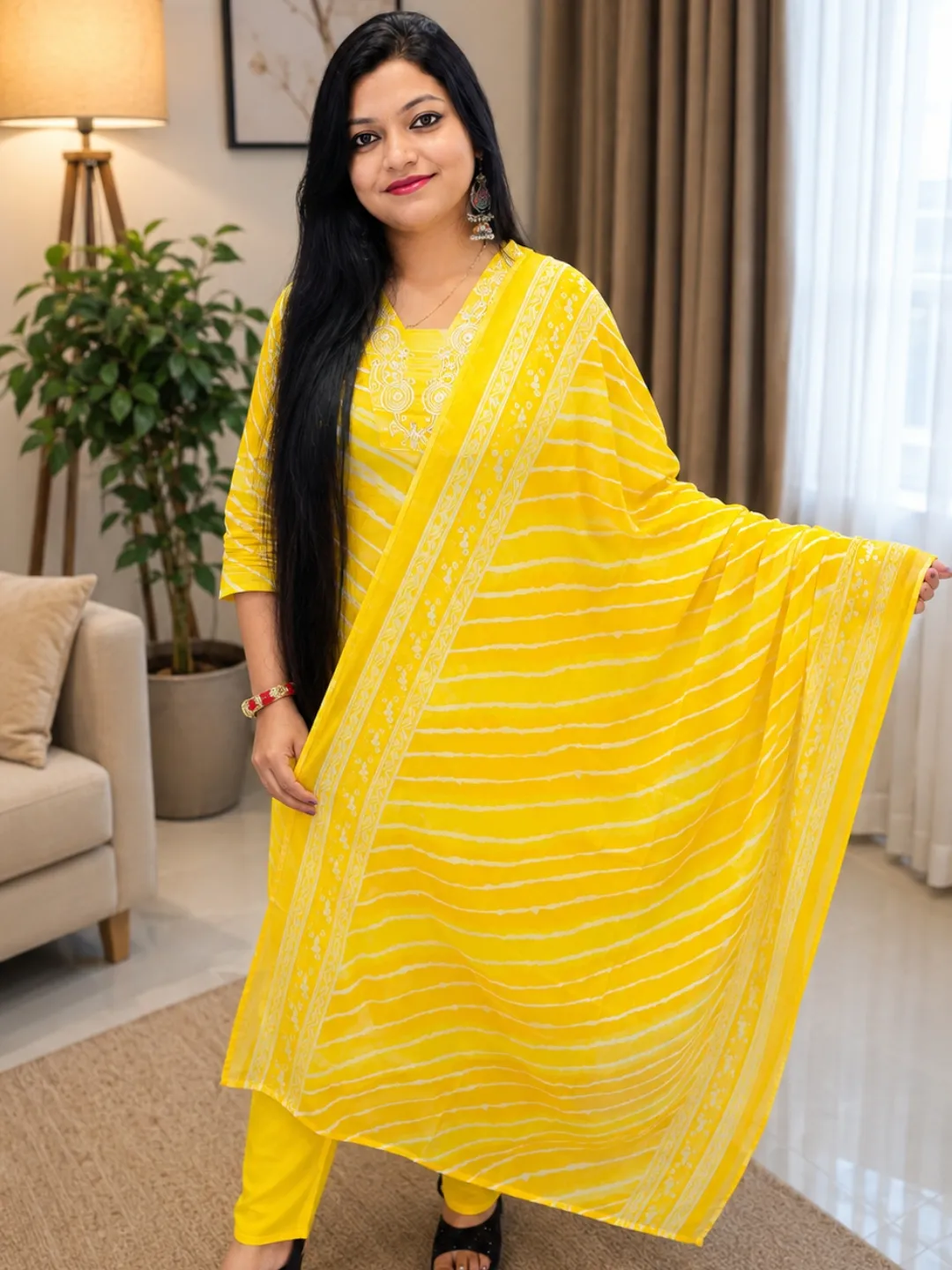 Yellow Pure Cotton Lehariya Suit with Dupatta and Pant