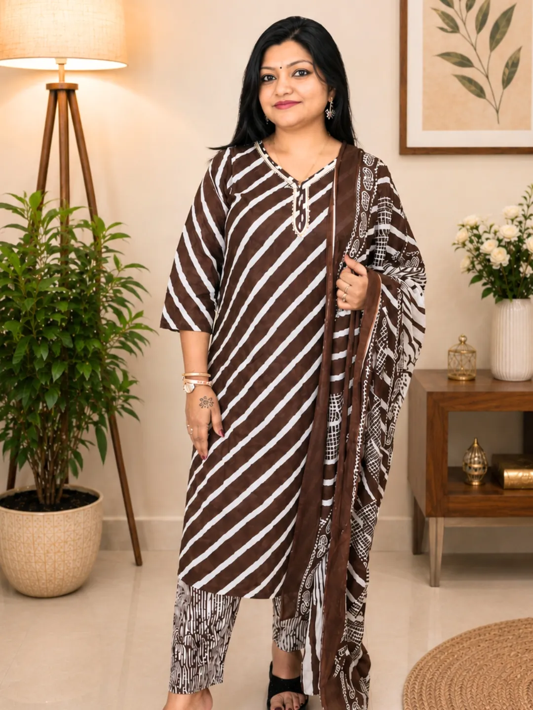 Brown Pure Cotton Striped A-Line Suit with Dupatta and Pant