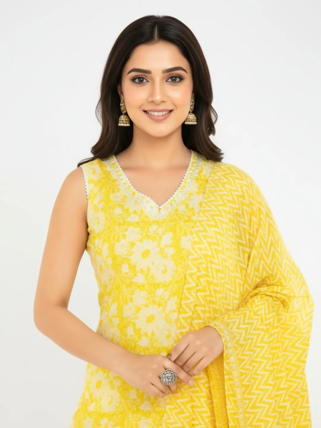 Yellow Floral Pure Cotton Sleeveless Suit with Dupatta and Pant