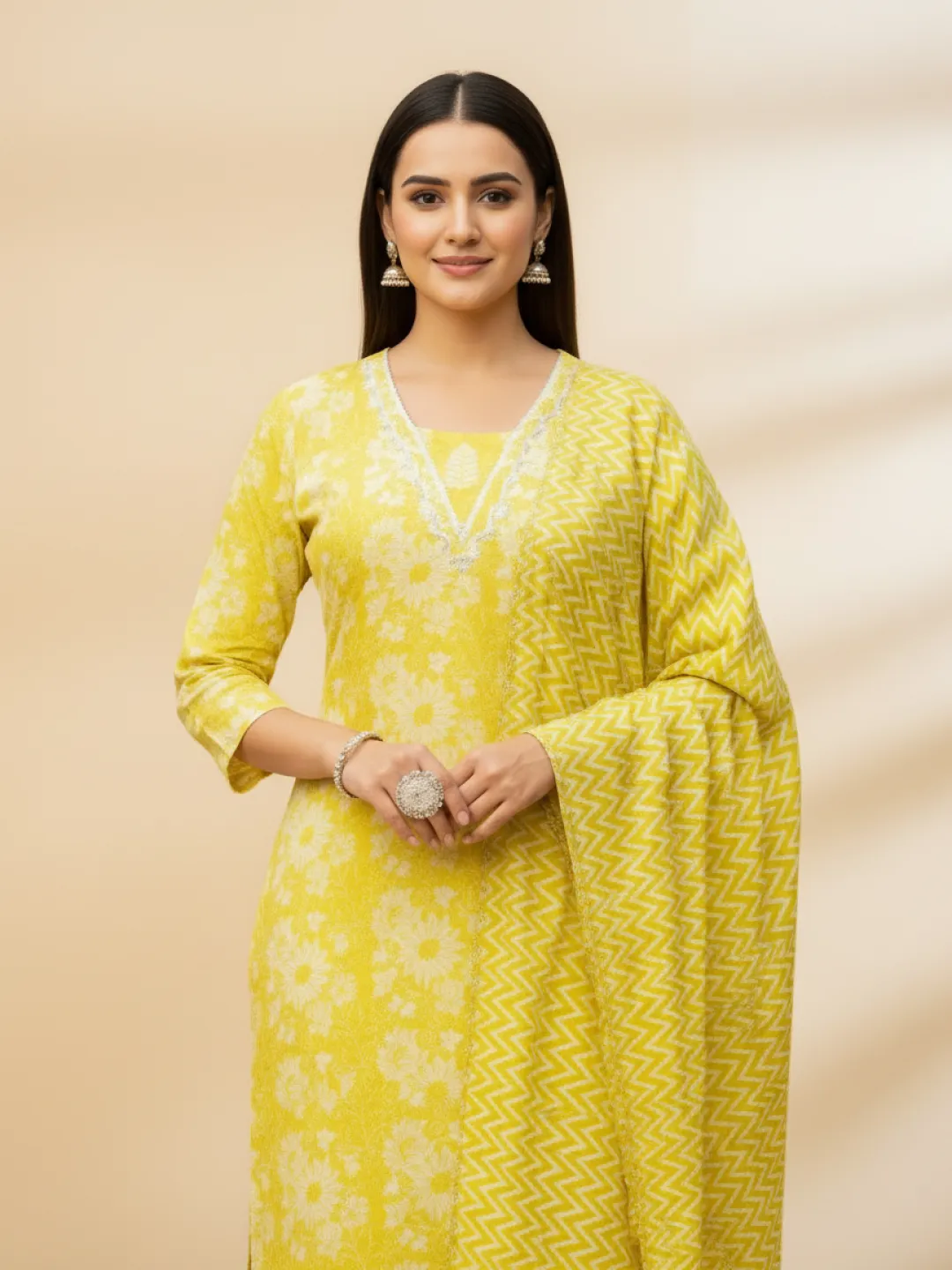 Yellow Pure Cotton Floral Straight Suit with Dupatta and Pant