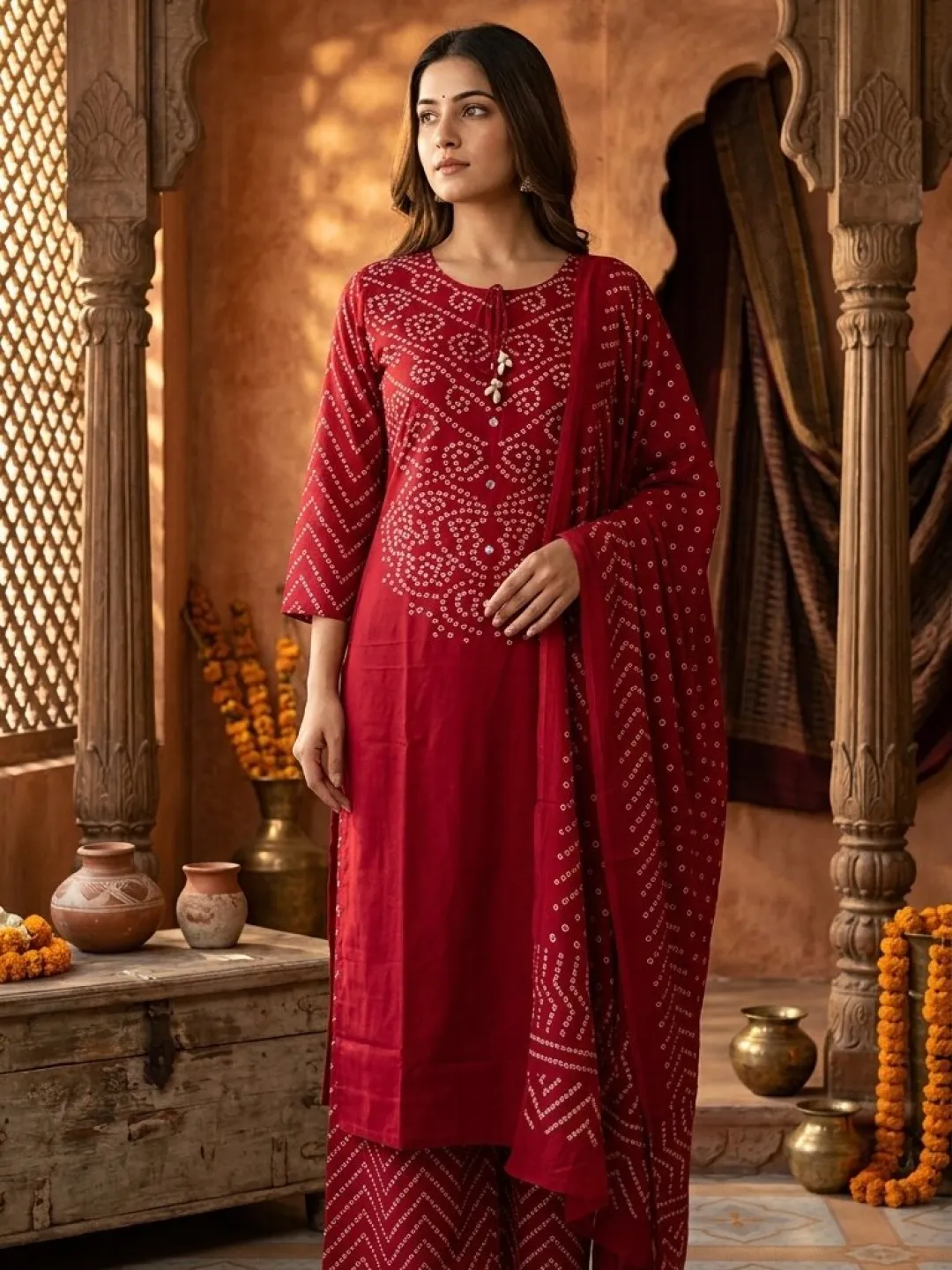 Maroon Pure Cotton Bandhani Suit with Dupatta and Pant