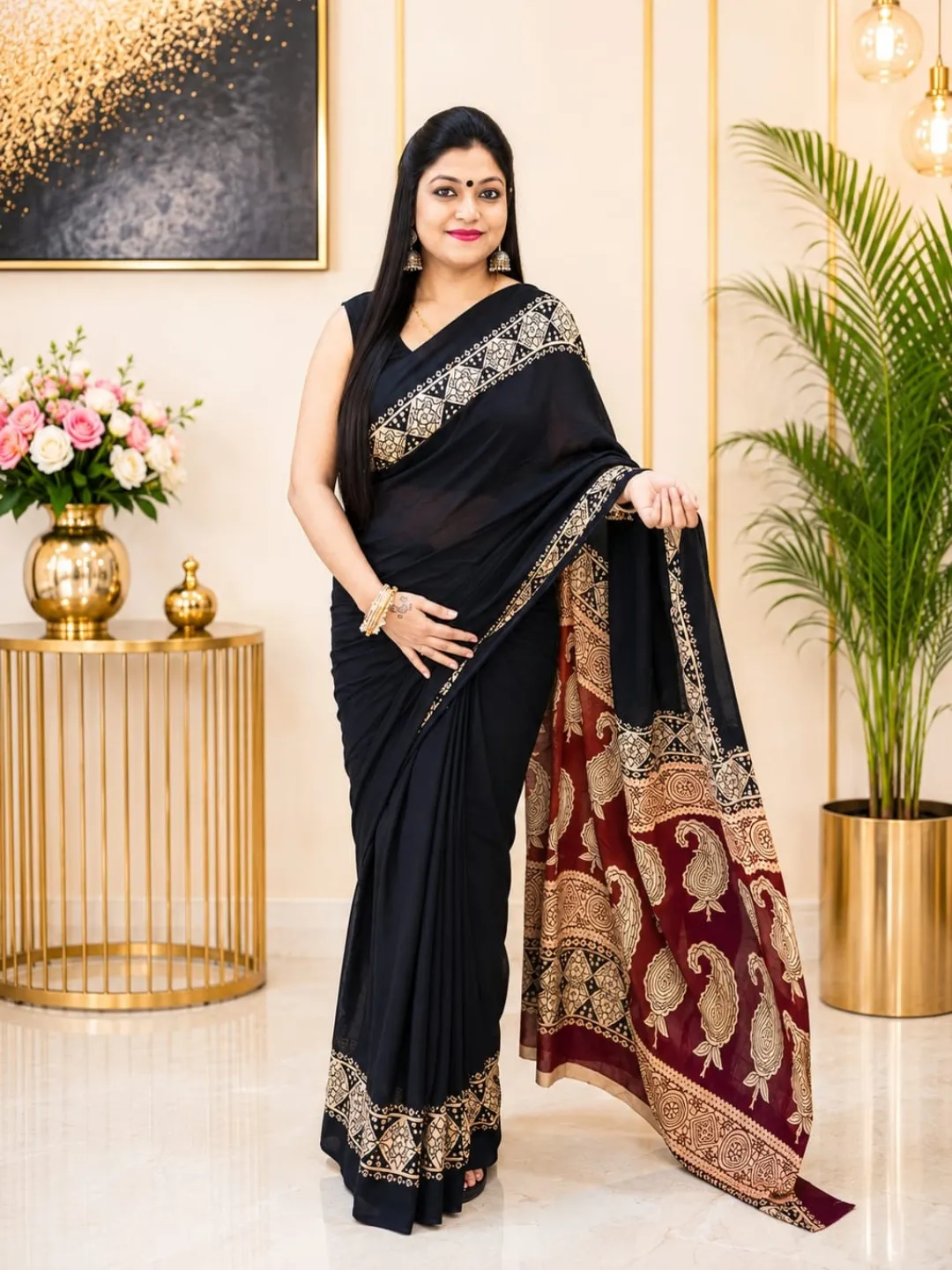 Black Mul Cotton Saree with Maroon Paisley Pallu