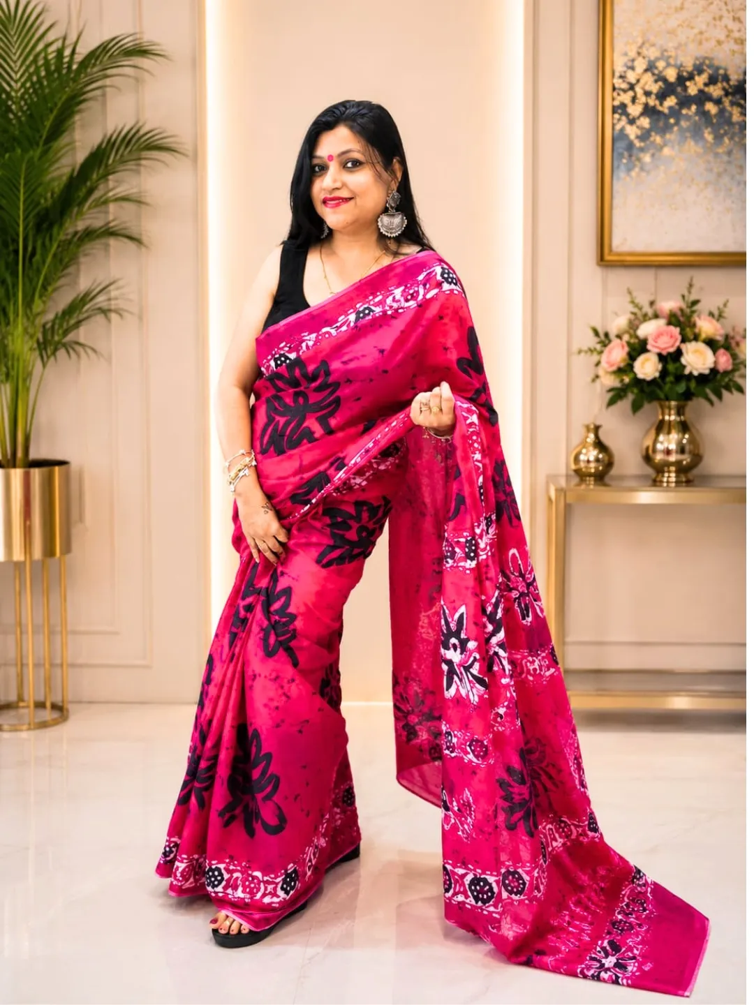 Magenta Mul Cotton Floral Printed Saree with Blouse Piece