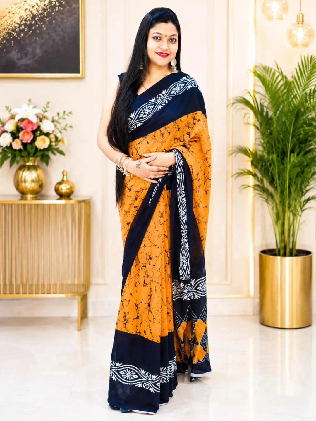 Mustard Yellow Mul Cotton Printed Saree with Blouse Piece