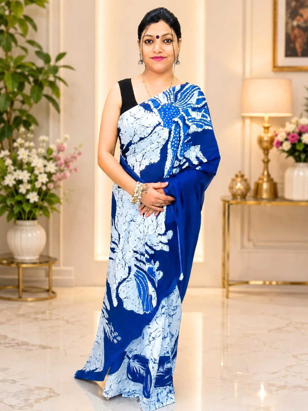 Royal Blue Mul Cotton Printed Saree with Blouse Piece