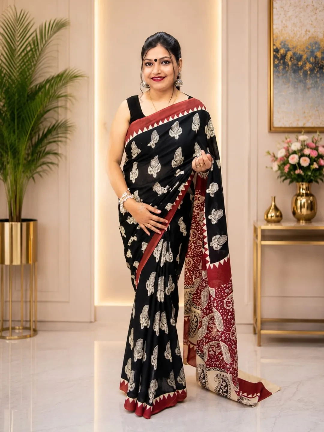 Black Mul Cotton Block Print Saree with Maroon Border