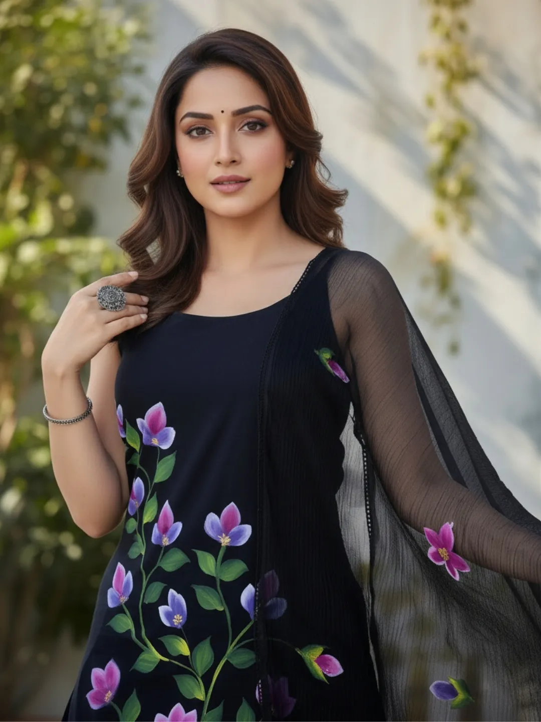 Navy Blue Floral Pure Cotton Sleeveless Suit with Dupatta and Pant