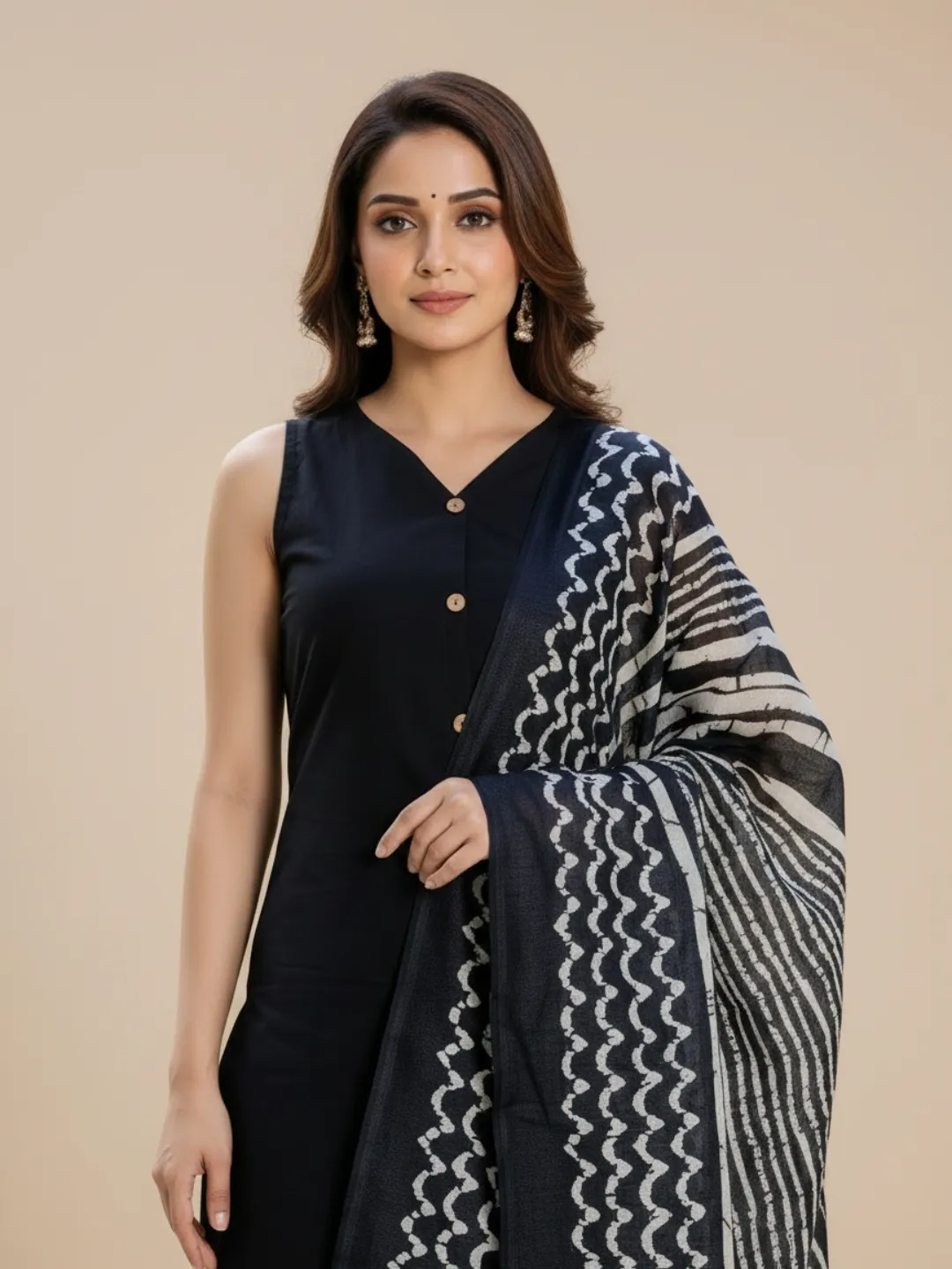 Black Pure Cotton Sleeveless Suit with Dupatta and Pant