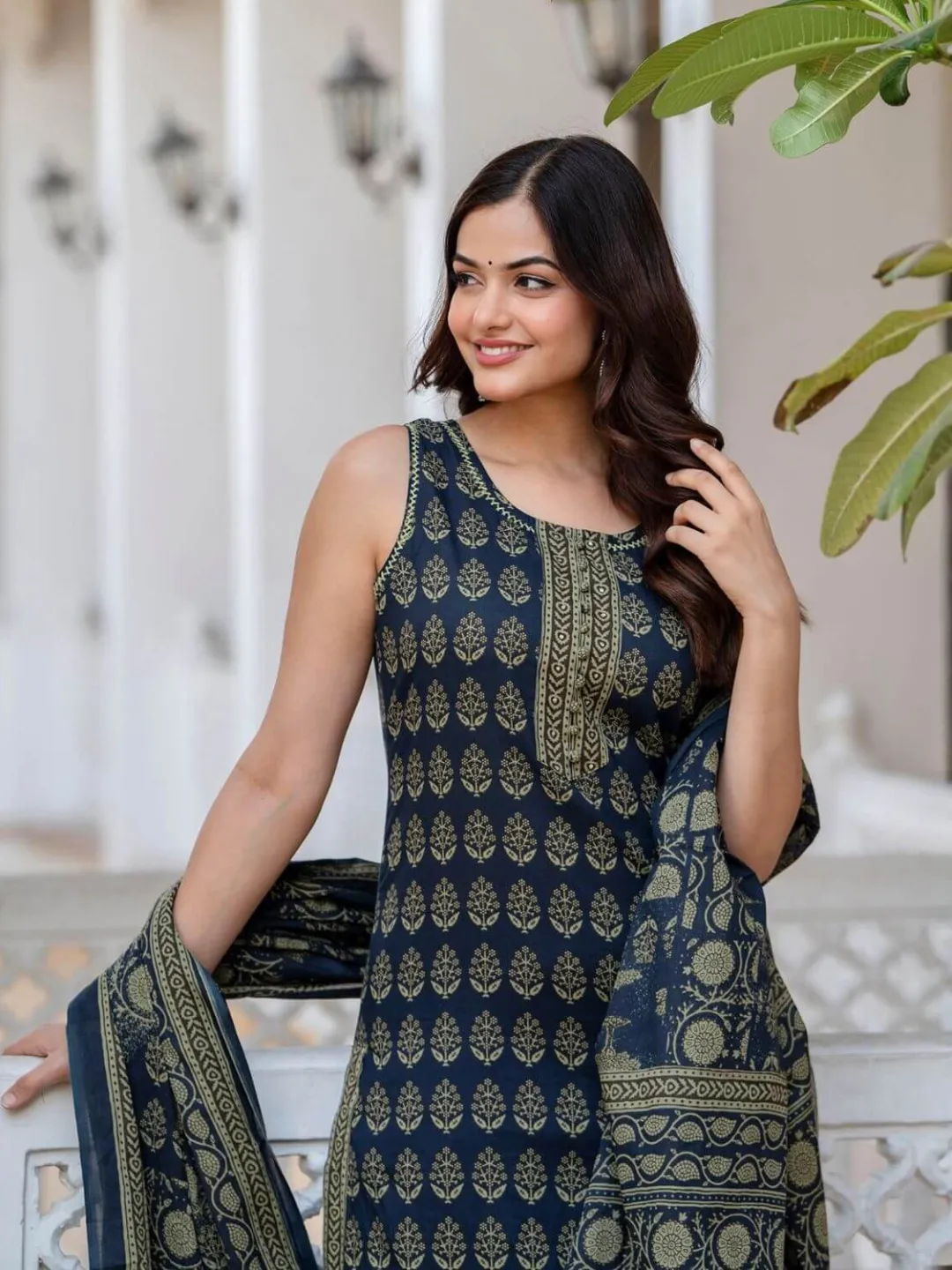 Navy Blue Pure Cotton Sleeveless Suit with Dupatta and Pant