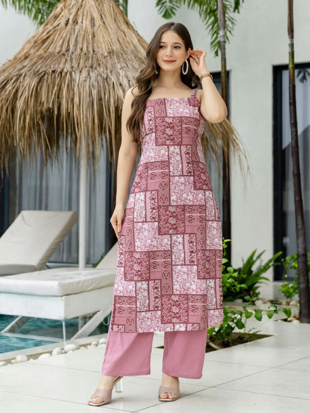 Dusty Rose Pure Cotton Sleeveless Kurta with Palazzo and Dupatta