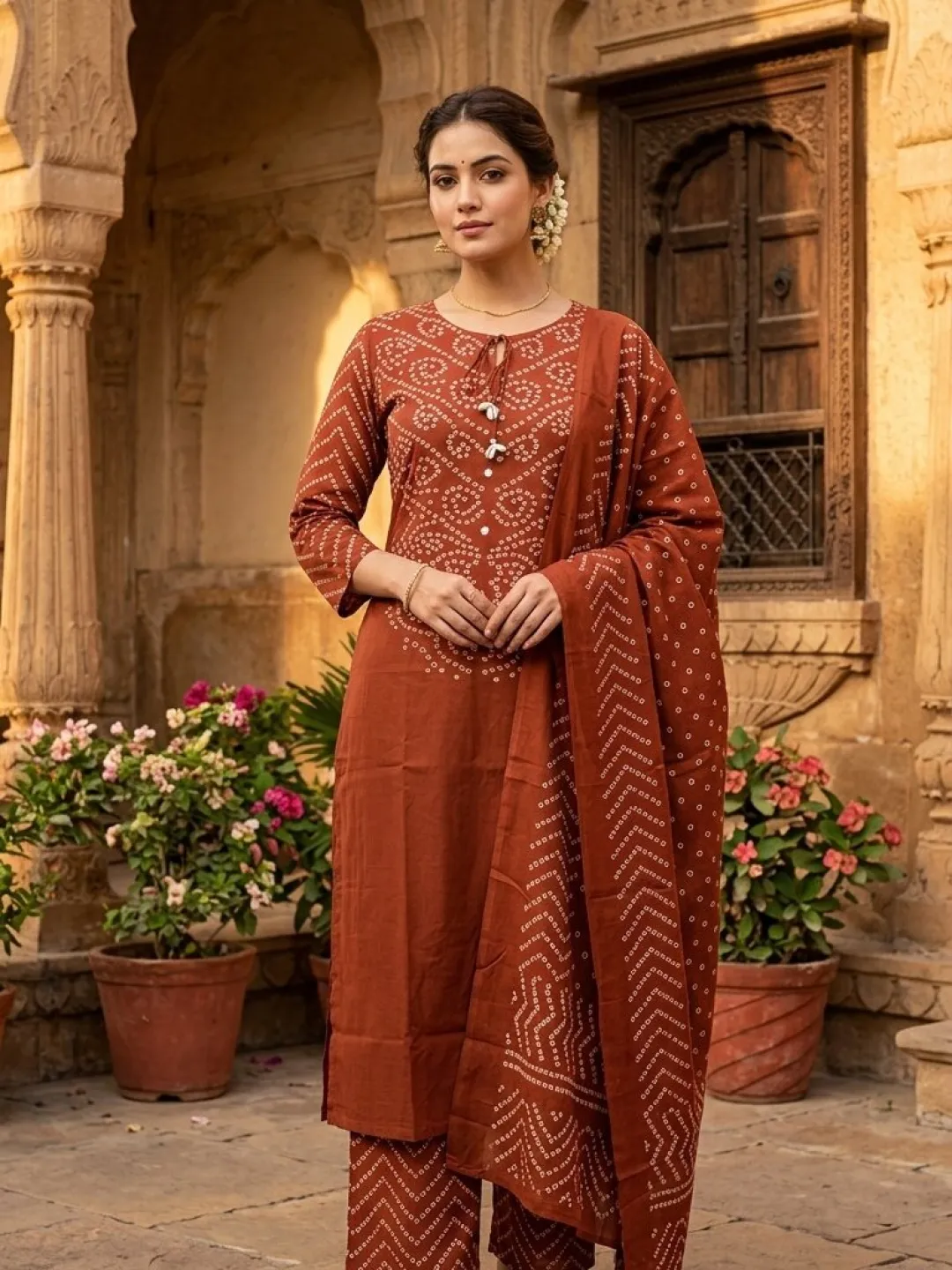 Rust Pure Cotton Bandhani Suit with Dupatta and Pant