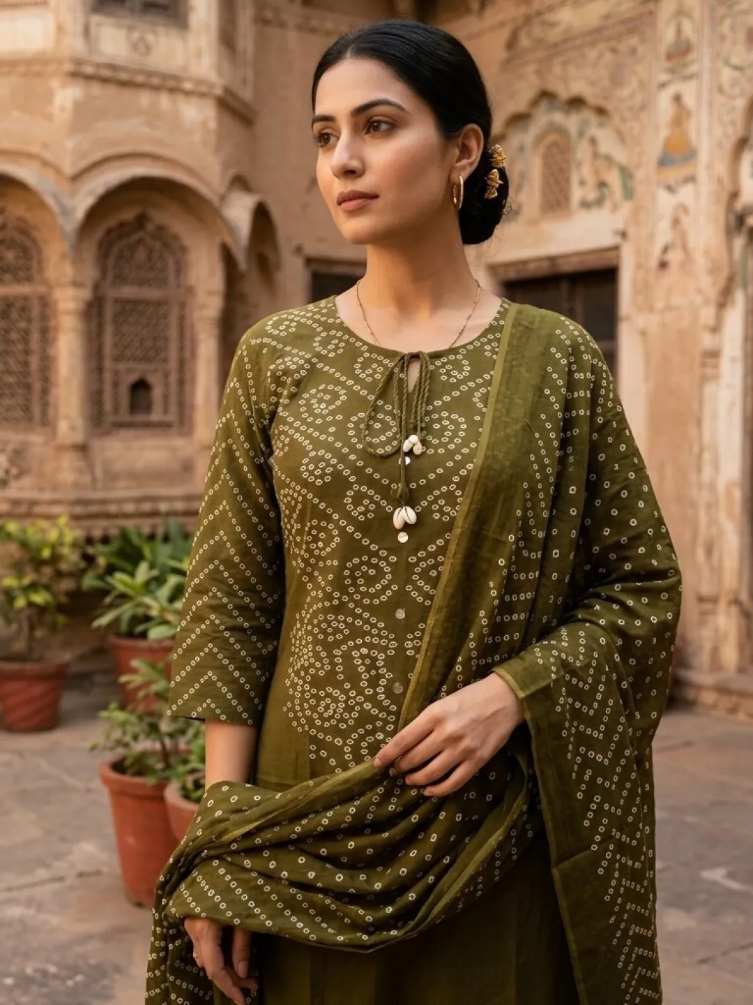 Olive Green Pure Cotton Bandhani Suit with Dupatta and Pant