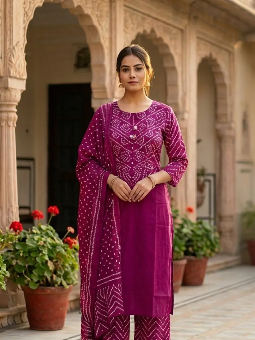 Magenta Pure Cotton Bandhani Suit with Dupatta and Pant