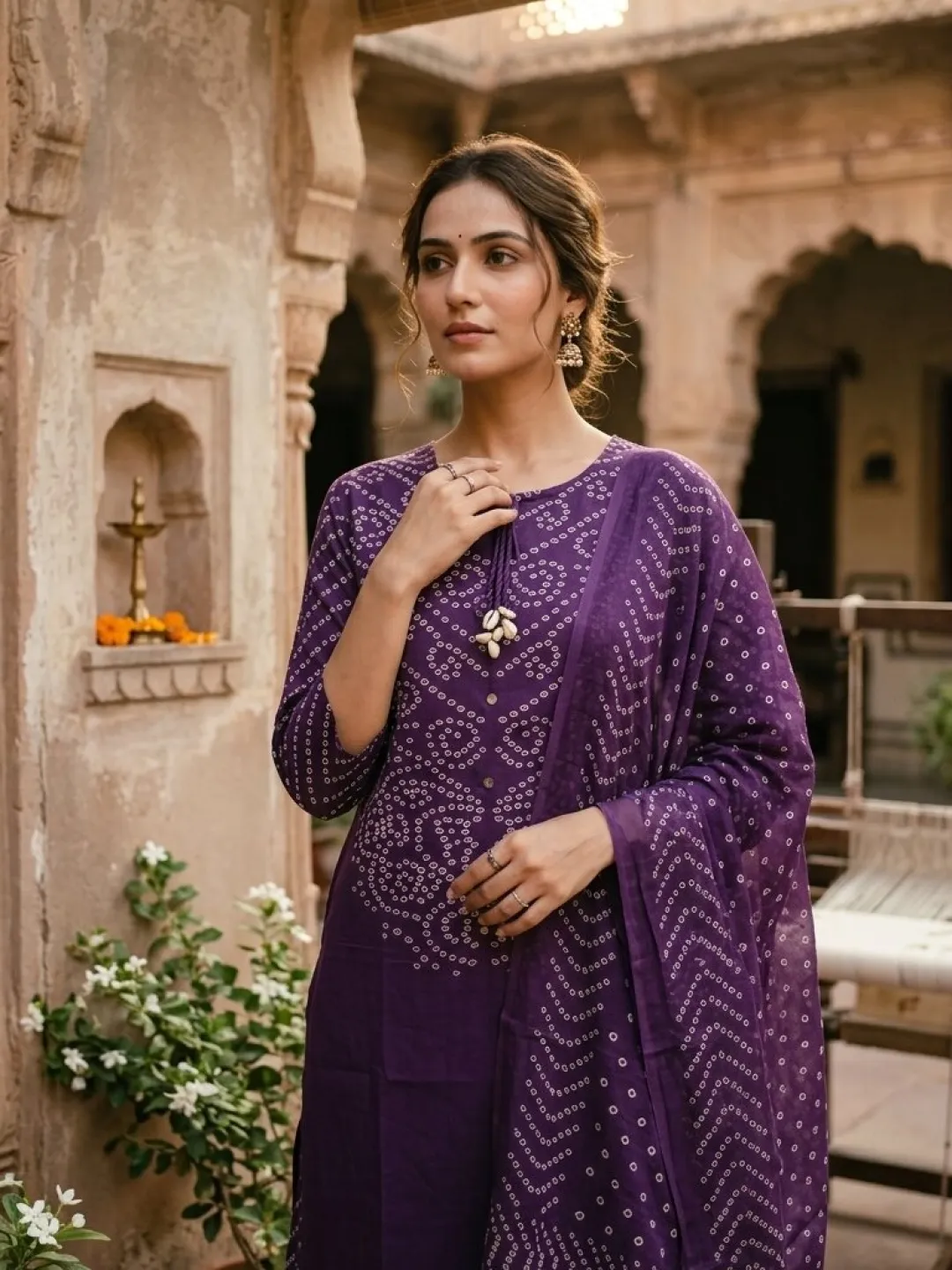 Plum Pure Cotton Bandhani Suit with Dupatta and Pant